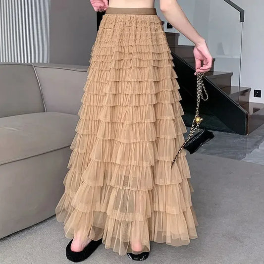 Spring Autumn 2024 New Women's Tulle Skirt Layered Cake Skirt Long Dress Puff Skirt Kaki Color Cracker Pattern