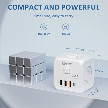 LENCENT Wall Socket Extender with 3 AC Outlets 3 USB Ports And1 Type C 7-in-1 EU Plug Charger On/Off Switch for Home
