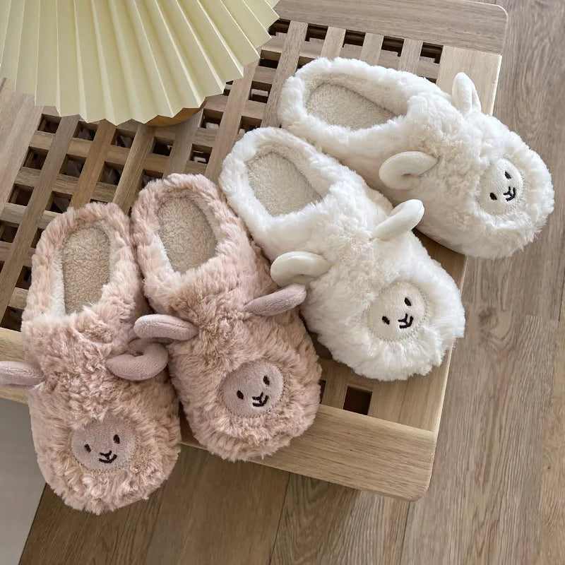Women Home Fluffy Slippers Platform Anti Slip Comfortable Warm Shoes Cute Sheep Outdoor Couple Slippers Women Men Ladies Shoes