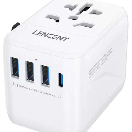 LENCENT Universal Travel Adapter with 3 USB Ports 1Type-C PD Charging All-in-one Travel Adapter EU/UK/USA/AUS Plug for Travel