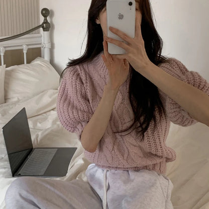 summer autumn Women's Knitted Pullover Fashion puff Sleeve solid Sweater crop Top Elegant loose Lapel Knitted Pullover gray Tops