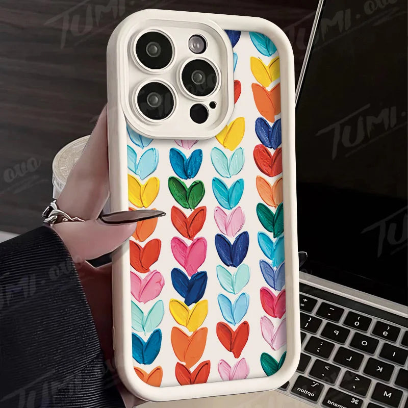 Lovely Rainbow Love Heart Soft Silicone Case for iPhone 14 15 Pro Max 13 12 11 X XS XR 7 8 Plus SE 2020 Shockproof Back Cover