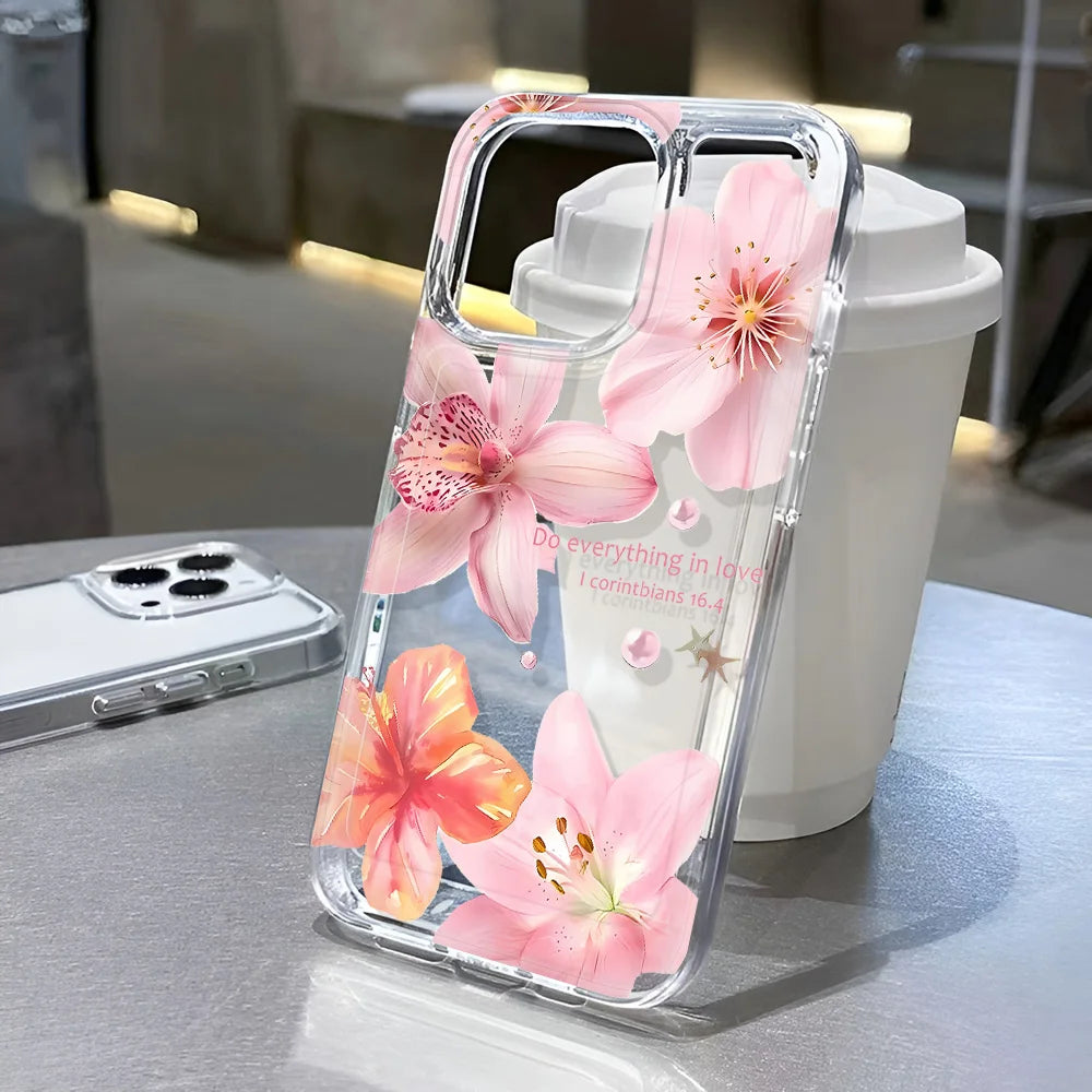 Transparent Cover Phone Case For iPhone 16 15 Pro Max 14 13 12 11 XS X XR 7 8 Plus SE2 Feshon Flowers Pattern