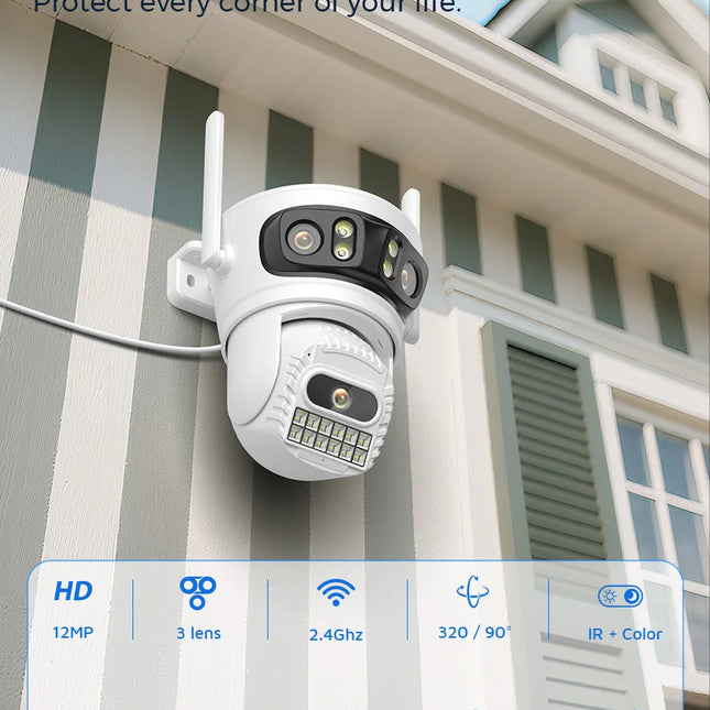 BESDER 6K 12MP HD Three Screen WIFI IP Camera Outdoor Three Lens Ai Human Detection Waterproof CCTV Video Security Camera iCsee