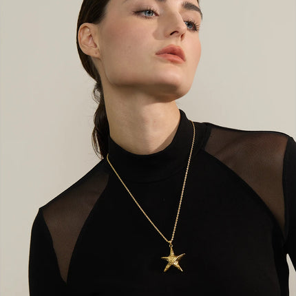 Yhpup 316L Stainless Steel Starfish Pendant Necklace Rust Proof Statement 18K Gold PVD Plated Individualistic Holiday Jewelry