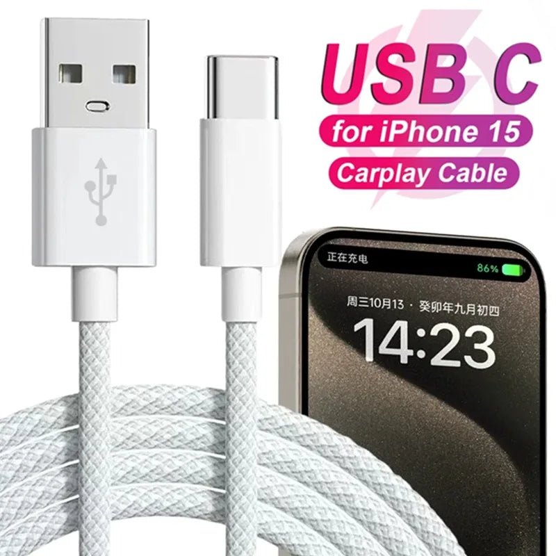 USB C Mobile Phone Cable Fast Charging USB A To Type C Nylon Braided Cord for Apple Carplay IPhone 15/15 Pro/15 Pro Max/15 Plus