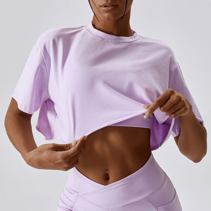 Casual T-Shirt Cotton Women Short Sleeve Dance Sports Running Clothes Yoga Fitness Crop Top Loose Gym Workout Shirts