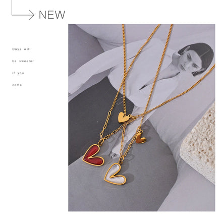 Yhpup Red Enamel White Natural Shell Stainless Steel Heart Pendant Necklace Trendy Exquisite Jewelry Attractive Accessories