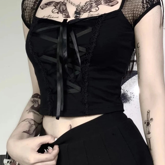 Women's Vintage Gothic T-shirt Bodycon Bandage Lace Black Mesh Top Sexy Casual Gothic Streetwear Female Top