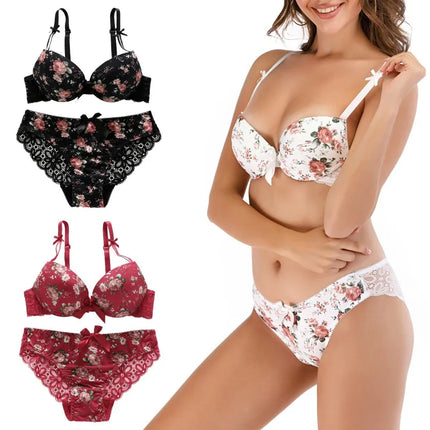 Women's Flower Bow Underwear Set Polished Gathering Adjustable Straps Bra + Triangle Panties Two Piece Set B/C Cups