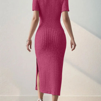 Summer Square Neck, Hip-Hugging Mid-Length Skirt, Short-Sleeved, Versatile Knitted Slit Dress