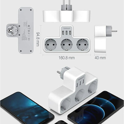 TESSAN EU Plug Power Strip with 3 AC Outlets +3 USB Ports, 6 In 1 Wall Charger Power Socket Adapter Overload Protection for Home