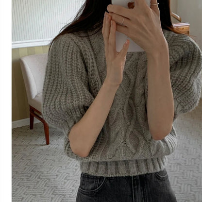 summer autumn Women's Knitted Pullover Fashion puff Sleeve solid Sweater crop Top Elegant loose Lapel Knitted Pullover gray Tops