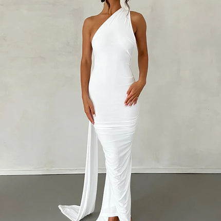 Hugcitar One Shoulder Backless Adjustable Scarf Loop Ruched Sexy Maxi Dress 2024 Women Elegant Y2K Streetwear Festival Outfit