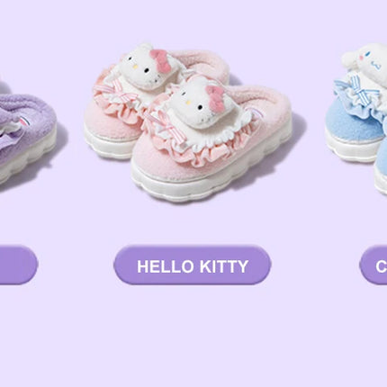 Sanrio Kawaii Cinnamoroll Womens Slippers Kuromi Hello Kitty Plush Cartoon Cute Sweet Suitable Indoor Outdoor Winter Shoes