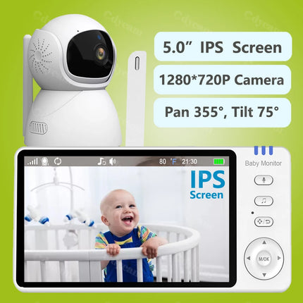 5" 720P HD IPS Screen Video Baby Monitor Pan Tilt 4X Zoom Camera Babysitter 2 Way Audio Night Vision 3500mAh Battery Lullaby VOX
