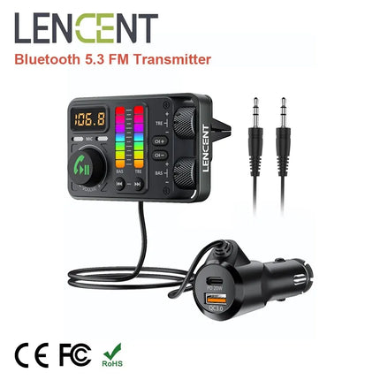 LENCENT Bluetooth 5.3 Car FM Transmitter, Hi-Fi Treble & Bass Music Player, PD20W QC18W Fast Car Charger, Radio Bluetooth Car Ad