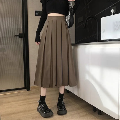 2022 Autumn/winter New Korean-style Medium-length Coffee-color Skirt Elegant Slimming Versatile Pressed A- line Skirt For Women