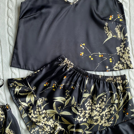 Elegant Floral Print Cami Tops   Ruffle Hem Shorts Pajama Set  Women's Sleepwear   Loungewear