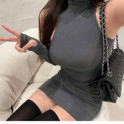 Summer Sexy High Neck Tight Dress Oversleeve Pleated Bottom Wrapped Hip Dress Women Bodycon