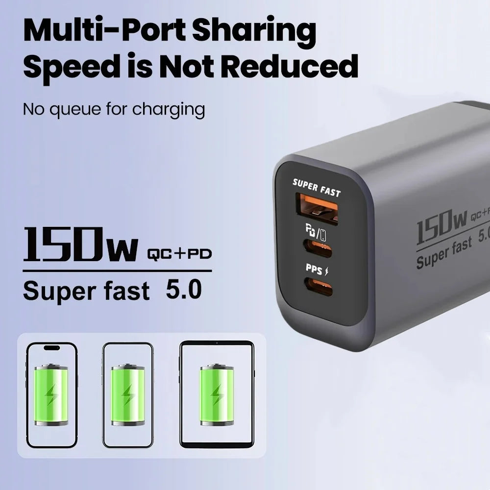 USB Type C 150W Charger USB QC3.0 Fast Charging Mobile Phone Charger Travel Adapter For iPhone 17 Samsung Xiaomi EU/UK/US Plug