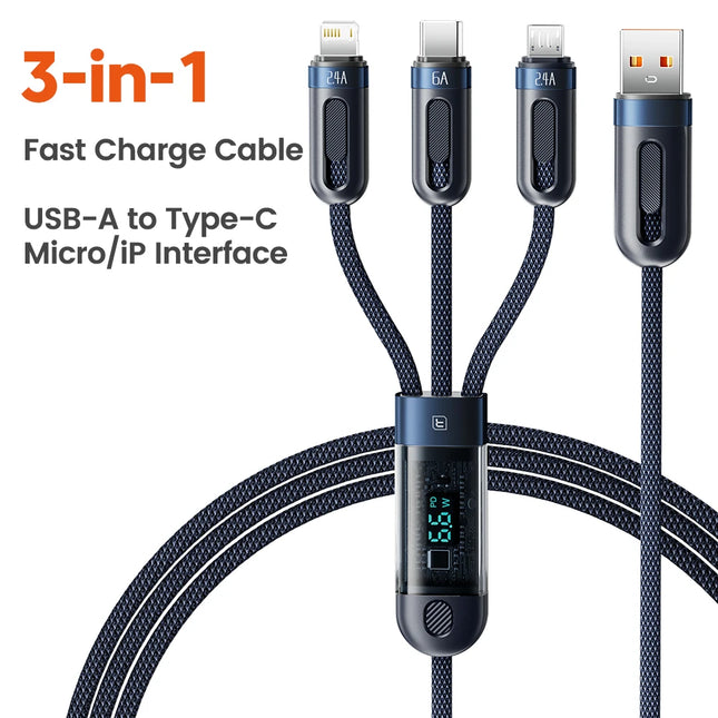 Toocki 3 in 1 USB Cable Micro USB Type C Cable 66W Fast Charging Digital Display Cord For iPhone 15 14 Samsung S23 Xiaomi Huawei
