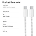 240W USB C to C Charger Cable Type C Fast Charging Braided PD Cable for lPhone 15 16 Series lPad Air Pro MacBook Pro Huawei DELL
