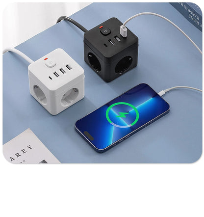7-in-1 EU Power Strip, Power Strip Surge Protector, 3 AC Outlets 3 USB 1 Type-C, Desktop Charging Station With Overload Protecti