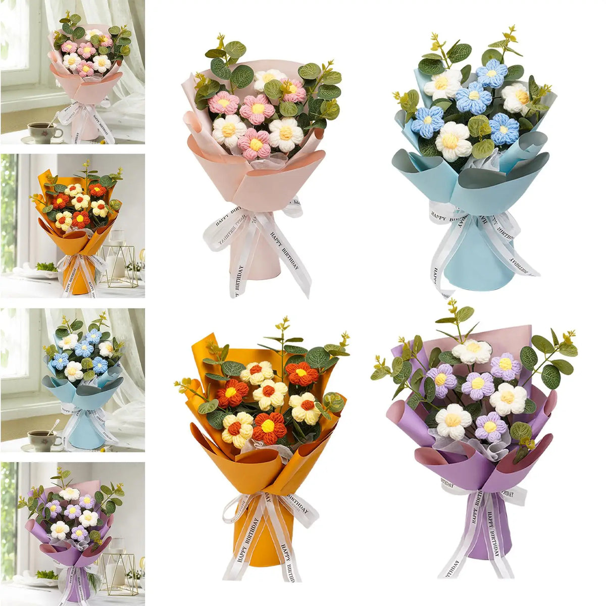 Crochet Flower Bouquet Mother's Day Decoration Spring Knitted Flowers for Girl Friend Valentine's Day Party Desktop Festival