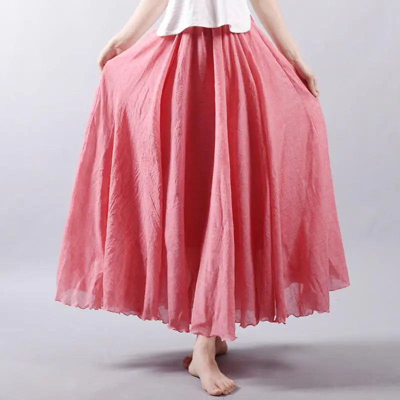 Women's Elegant High Waist Linen Maxi Skirt 2023 Summer Ladies Casual Elastic Waist 2 Layers Skirts saia feminina 20 Colors SK53