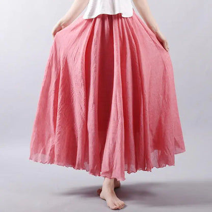 Women's Elegant High Waist Linen Maxi Skirt 2023 Summer Ladies Casual Elastic Waist 2 Layers Skirts saia feminina 20 Colors SK53