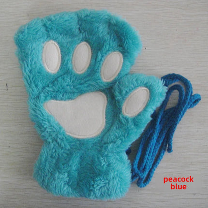 Cat Claw Gloves Winter Cute Cartoon Cat Girls Fingerless Gloves Thickened Velvet Bear Paw Half Finger Gloves