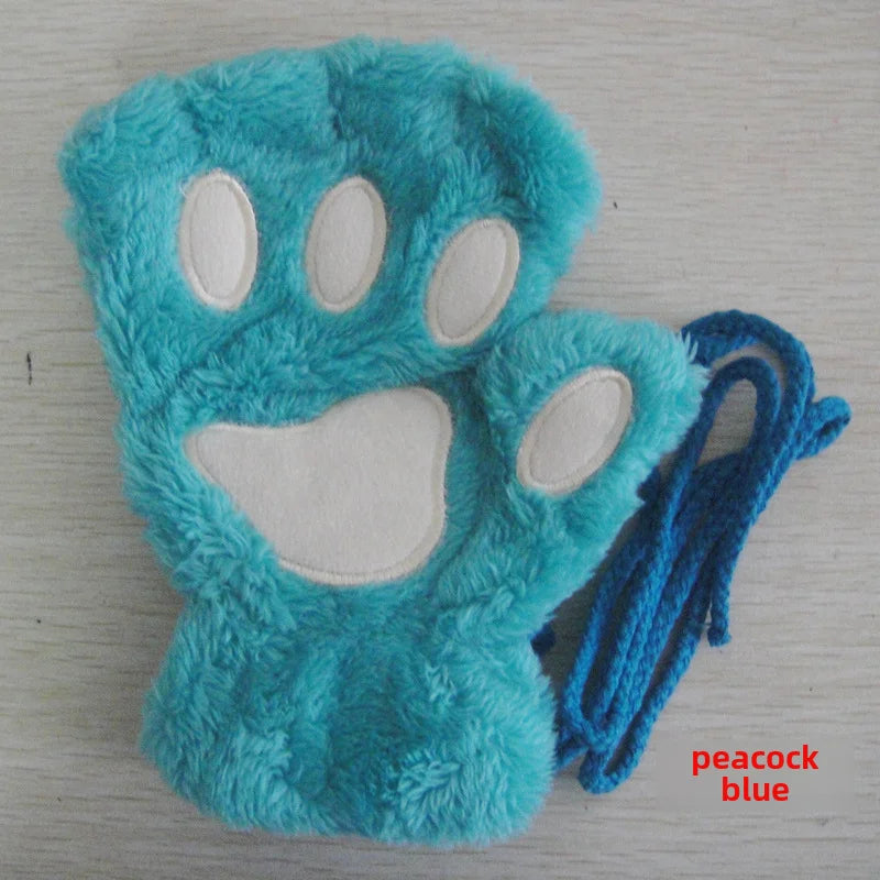Cat Claw Gloves Winter Cute Cartoon Cat Girls Fingerless Gloves Thickened Velvet Bear Paw Half Finger Gloves