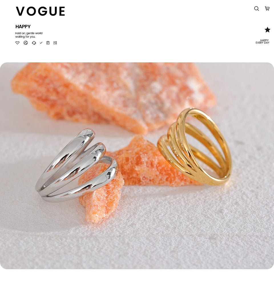 Yhpup Stainless Steel Geometric Hollow Layered Wide Ring Metal Texture Waterproof Daily Simple Stylish Golden Jewelry for Women