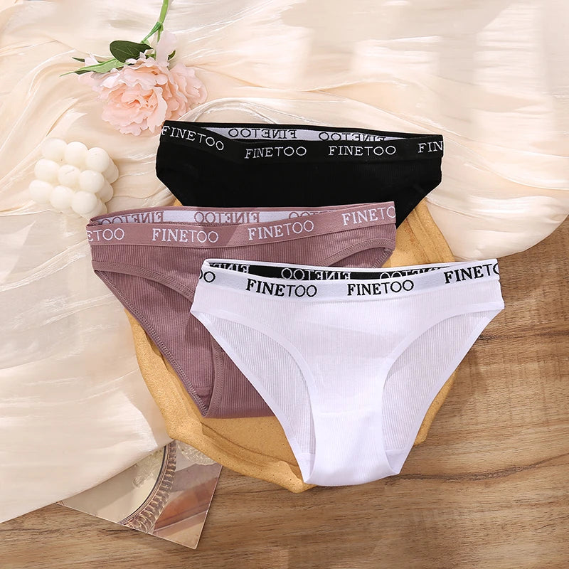 FINETOO 4Pcs Cotton Striped Underwear Women's Panties Letter Belt Briefs Ladies Low Waist Lingerie Solid Breathable Underpants