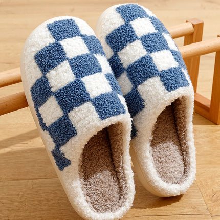 Fuzzy Women Men Slippers Fashion Checker Embroidery Houseshoes Cozy Fluffy House Retro Checkered Print Winter Home Shoes