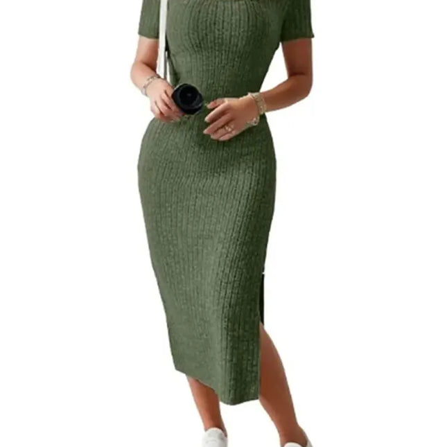 Summer Square Neck, Hip-Hugging Mid-Length Skirt, Short-Sleeved, Versatile Knitted Slit Dress