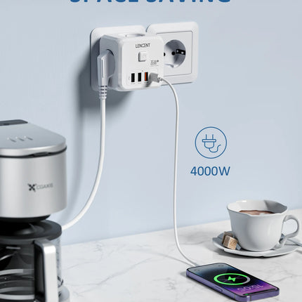 LENCENT Wall Socket Extender with 3 AC Outlets 3 USB Ports And1 Type C 7-in-1 EU Plug Charger On/Off Switch for Home
