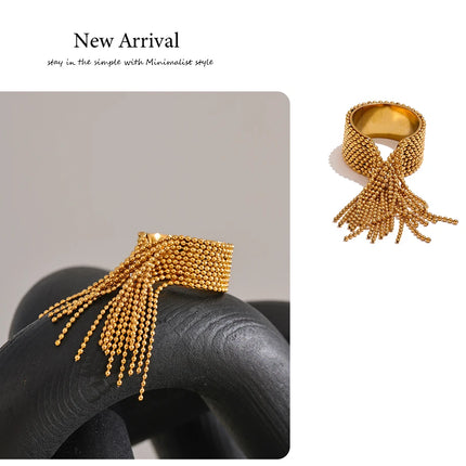 Yhpup Statement Stainless Steel Chain Tassel Finger Ring Adjustable 18K PVD Plated High Quality Charm Stylish Golden Jewelry