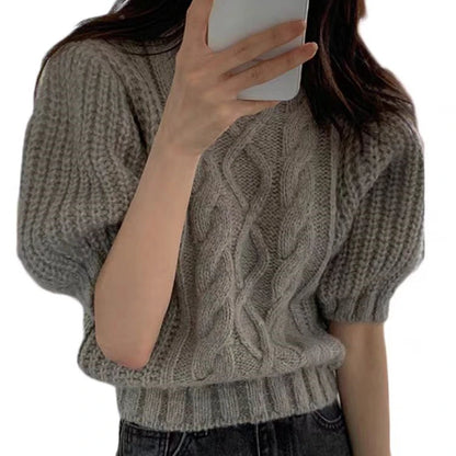 summer autumn Women's Knitted Pullover Fashion puff Sleeve solid Sweater crop Top Elegant loose Lapel Knitted Pullover gray Tops