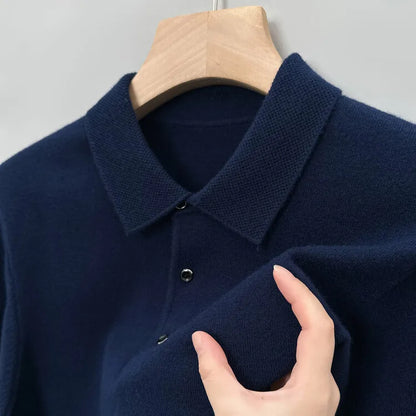 Autumn and Winter New Warm Soft Pullover Men's Business Lapel Knitwear Casual Solid Color Long Sleeve Polo Shirt Office