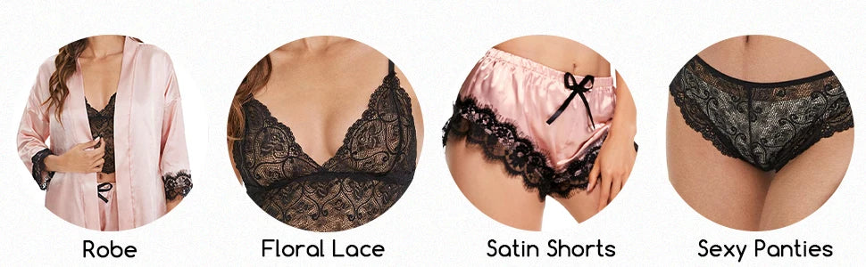 Women's Satin Pajama Set 4pcs Floral Lace Trim Cami Lingerie Sleepwear with Robe Sleepwear Lace Cami Shorts Loungewear Pink