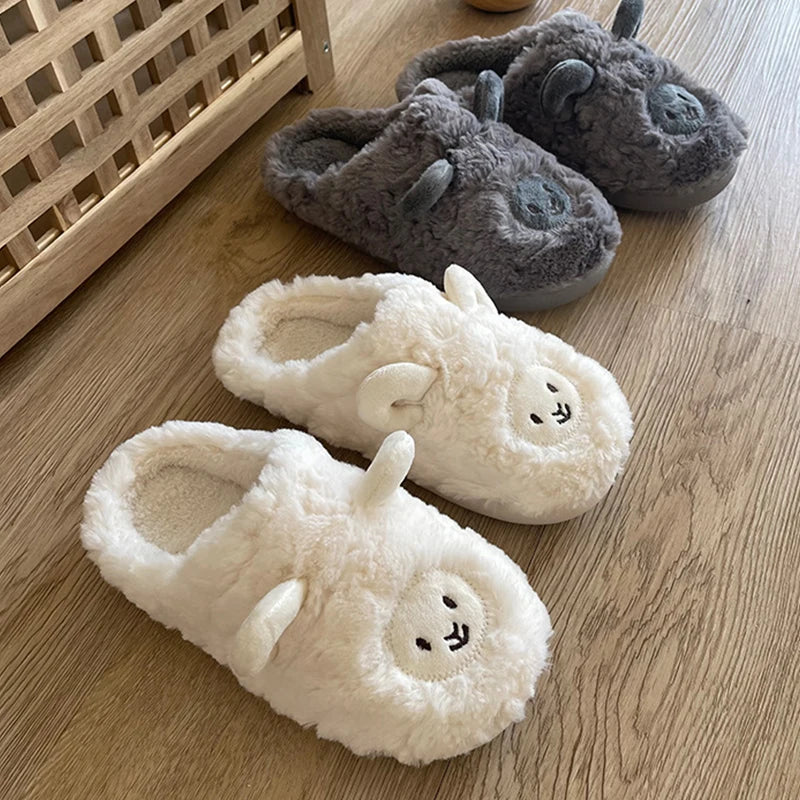 Women Home Fluffy Slippers Platform Anti Slip Comfortable Warm Shoes Cute Sheep Outdoor Couple Slippers Women Men Ladies Shoes