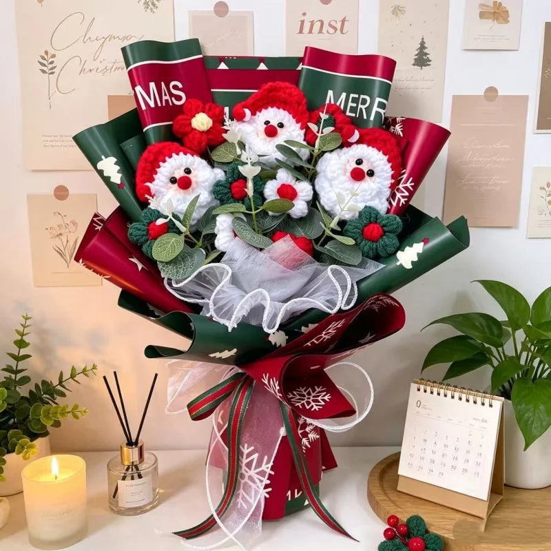 Santa Claus Plush Doll With Crochet Flowers Creative Christmas Day Handmade Bouquets Home Table Decora Pefect Gifts For Friends