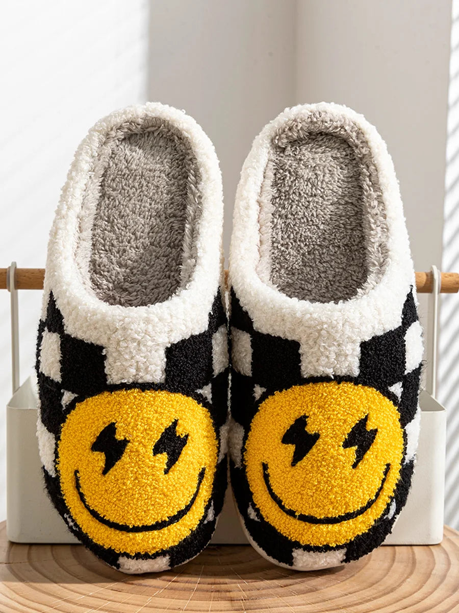Women's Slippers Winter Warm Indoor Lightning Smile Face Cartoon Funny Soft Sole Non-slip Bedroom Comfy Flat Cotton Houseshoes