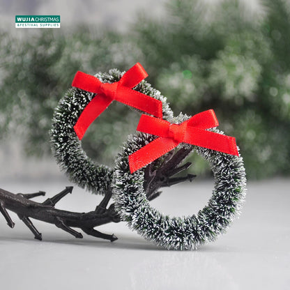 12pcs Christmas Wreath with Bow Xmas Tree Decor Mini Door Garland Hanging Ornaments DIY Dollhouse Pendant for Wedding Noel Party