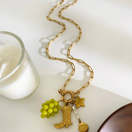 Peri'sbox Statement Trendy Imitation Pearl Grape Blueberry Shell Pendant Necklace for Women Stainless Steel Creative Accessories