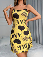 Women Summer Camisole Nightgown Backless Heart LOVE Print Soft Breathable Sleepwear Ruffle Hem Round Neck Night Dress