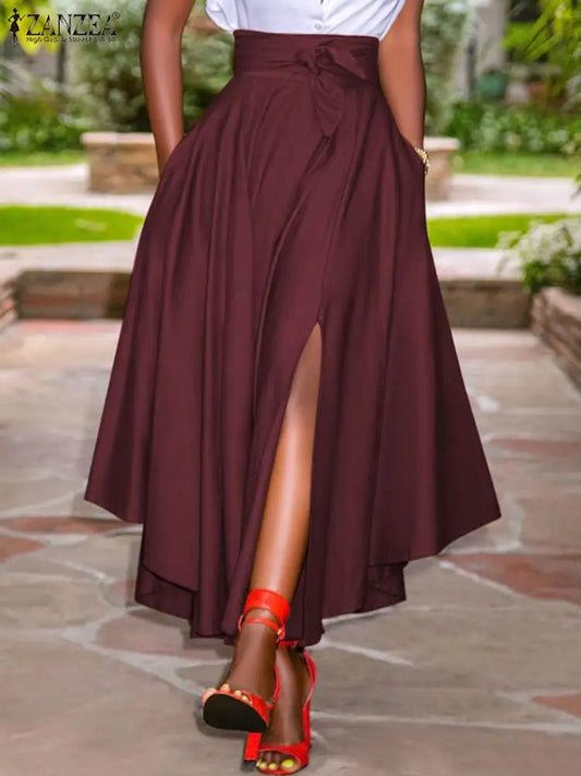 ZANZEA 2024 Summer Women Party Split Sundress Stylish Irregular Skirts High Waist Maxi Vestidos Solid Robe Saia Holiday Faldas