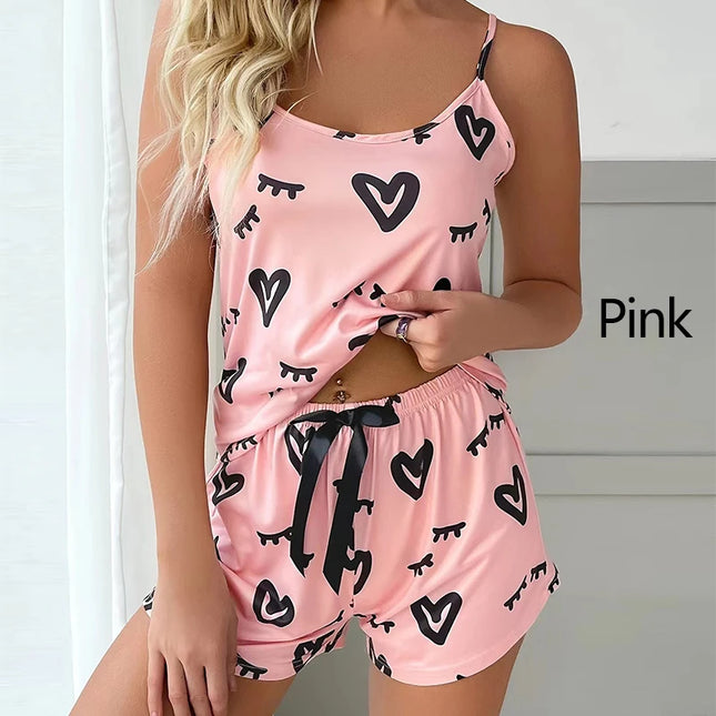 2 PCS Women Pajamas Sleepwear Pajama Set Short-Sleeved Shorts Suit M L Pink Love Print Ventilate Casual Homewear Summer